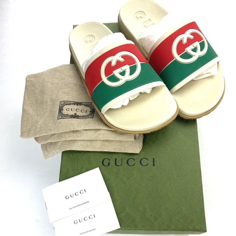 Gucci Cream Slides with Red and Green Straps